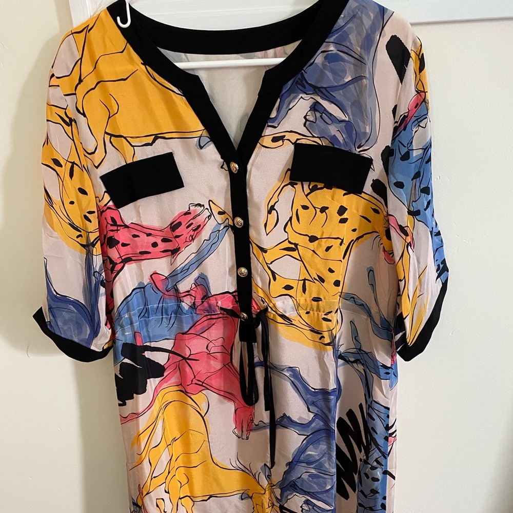 BurryCo White multi prints 100% silk short sleeve dress SZ 10(42”B) NWT $595